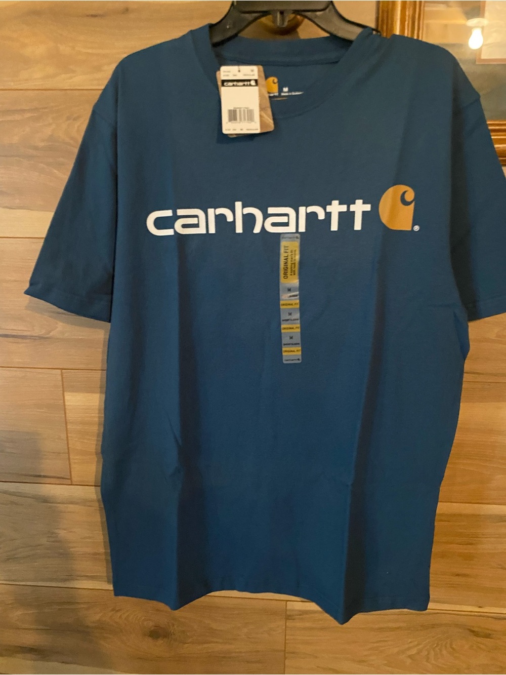Carhartt Short-Sleeve Logo Tee in Teal Blue with Gold Accent